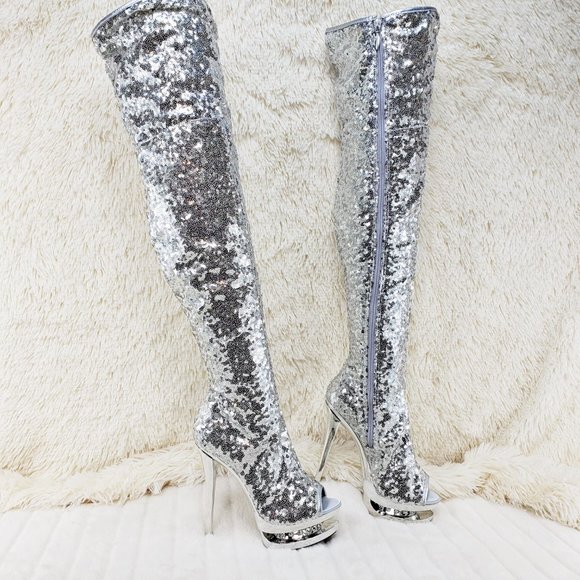 3011 Silver Sequin Open Toe Thigh High Heel Boots Blondie - Picture 12 of 15
